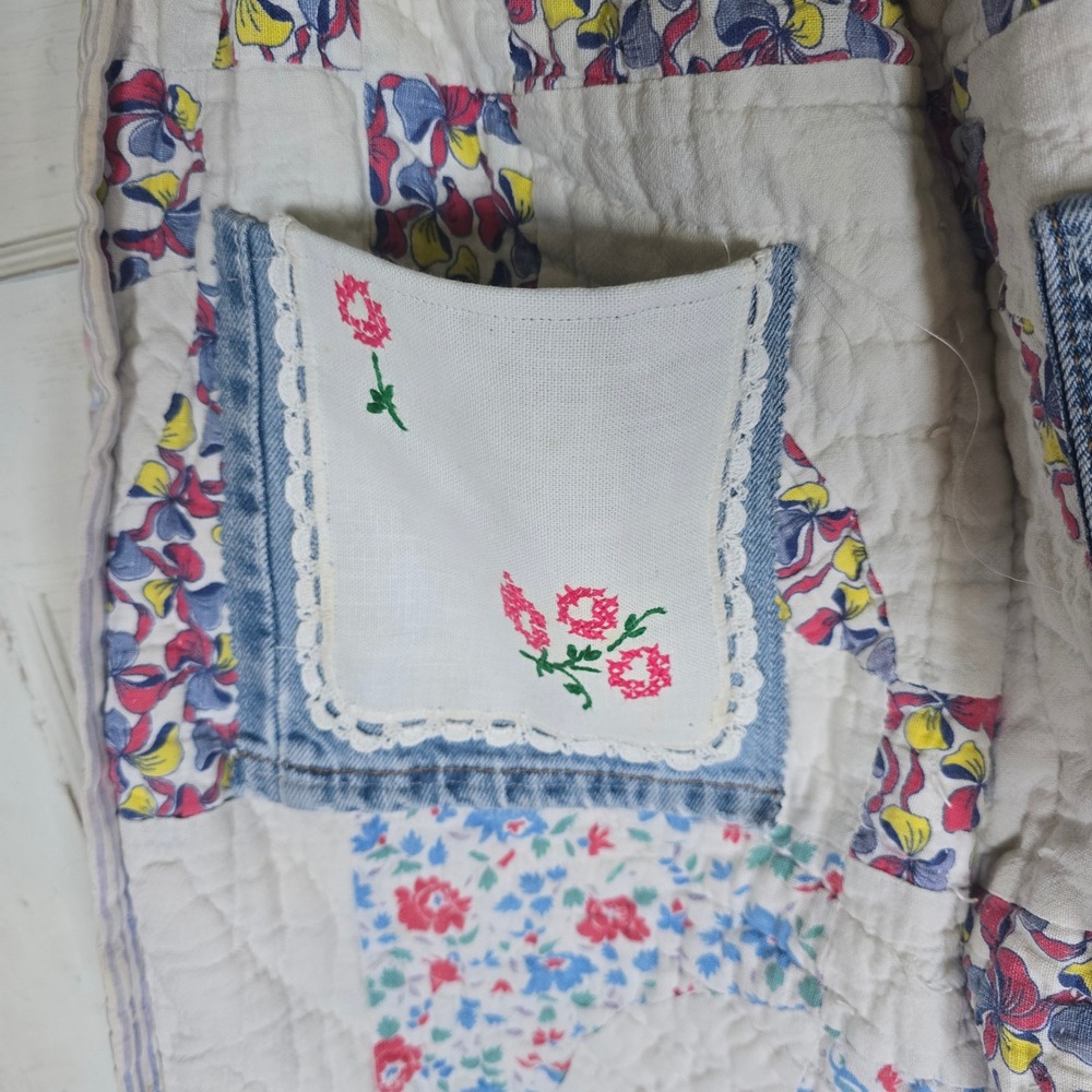 Handmade upcycled vintage quilt pants with embroidered doilie‎ pockets OS - Picture 6 of 9
